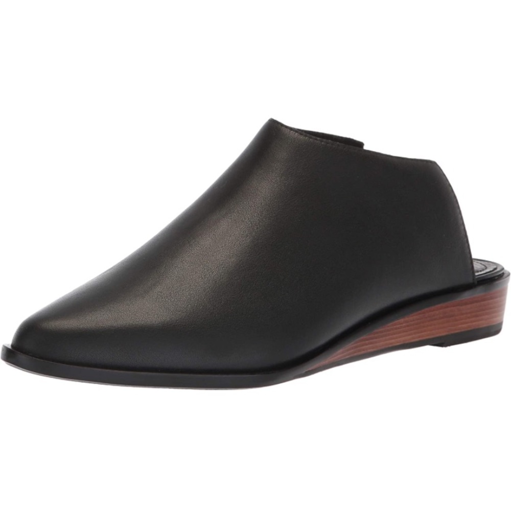 Kelsi Dagger Black Leather Mule with Brown Wood-Effect Heel